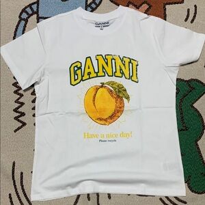 Ganni White Tee with Yellow Peach Graphic and Green Logo